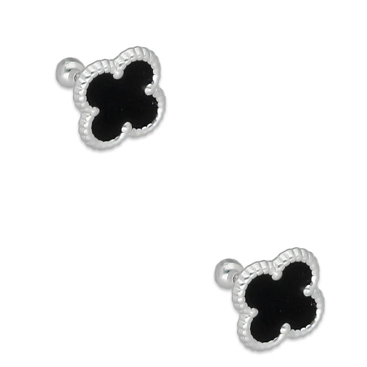 LPBR095 Arete Broquel Trébol Negro Esmalte 11 mm en Plata .925 Taxco