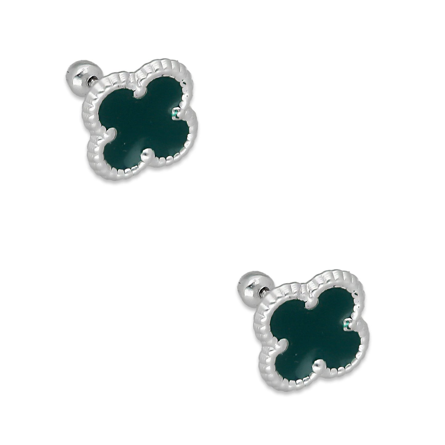 LPBR097 Arete Broquel Trébol Verde Esmalte 11 mm en Plata .925 Taxco