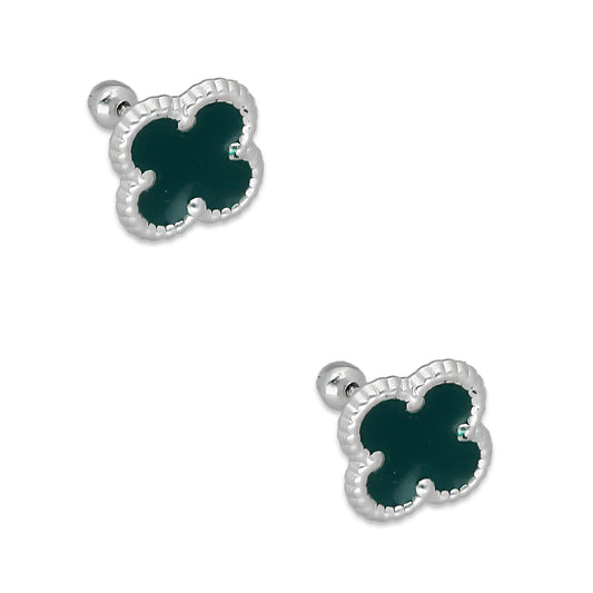 LPBR097 Arete Broquel Trébol Verde Esmalte 11 mm en Plata .925 Taxco