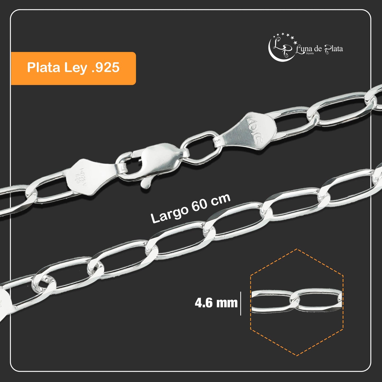 LPCU038-60 Cadena Mediana Hombre 60 Cms X 4.6 Mm Ojillo Lisa Plata 925 905277531