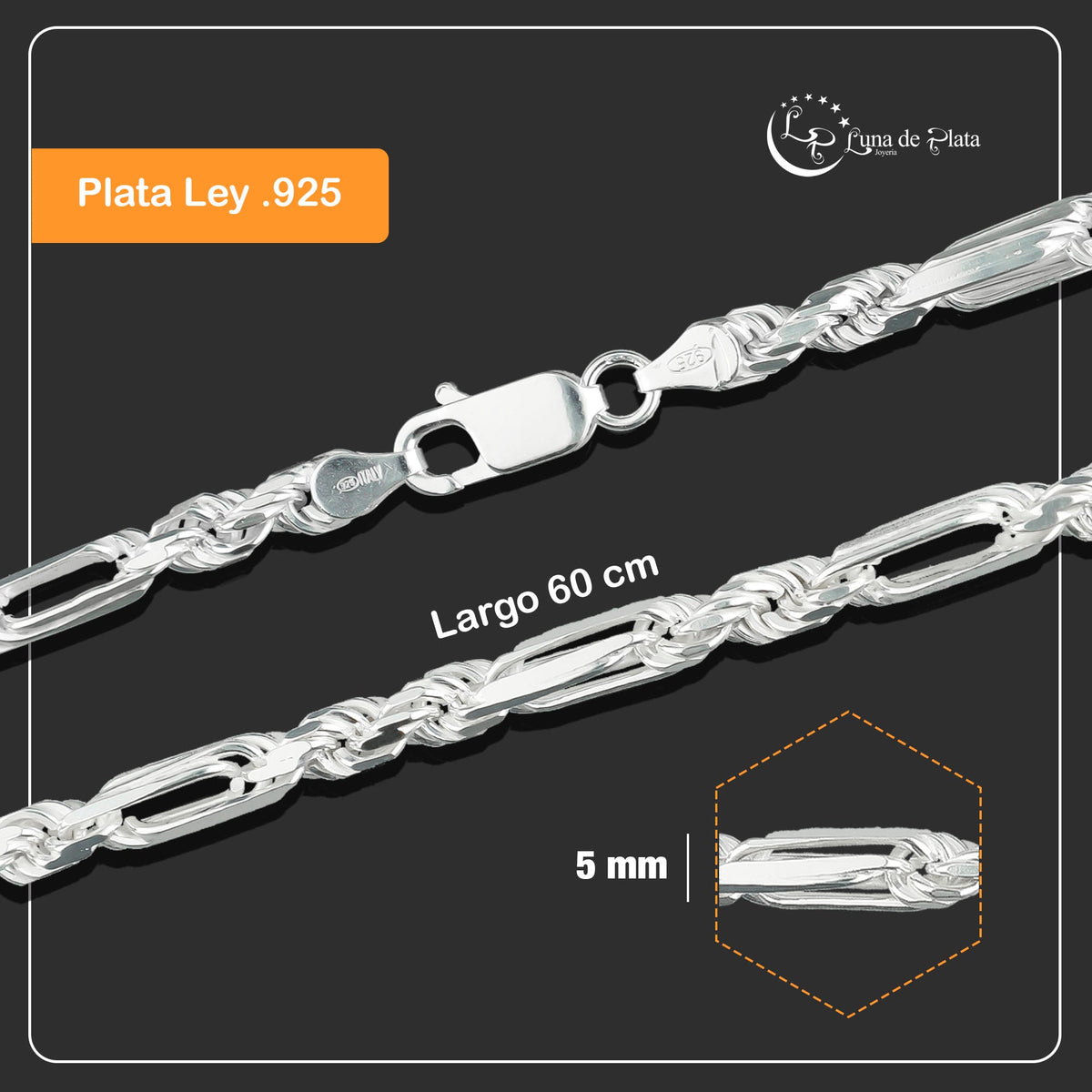 LPCU039-60 Cadena Torsal Fígaro 5 mm x 60 cm Plata .925 Taxco Gro 1815018320