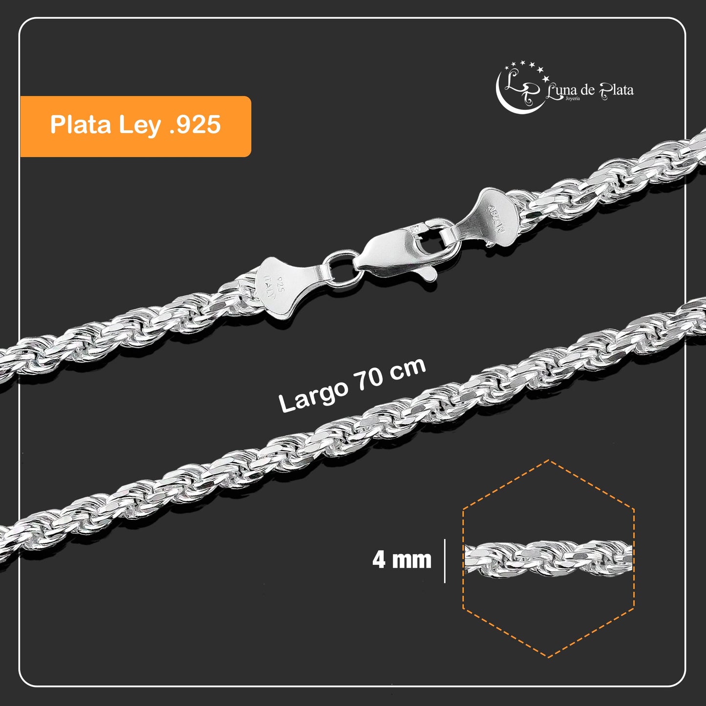 LPCU044-70 Cadena Torsal Diamantada 4 mm x 70 cm Plata .925 Taxco Gro 2951712592