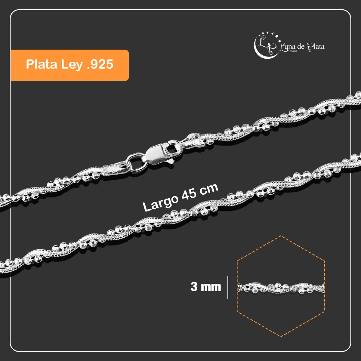 LPCU047-45 Gargantilla Collar Trenzada Cola de Rata Diam 45 cm Plata .925  2960011226