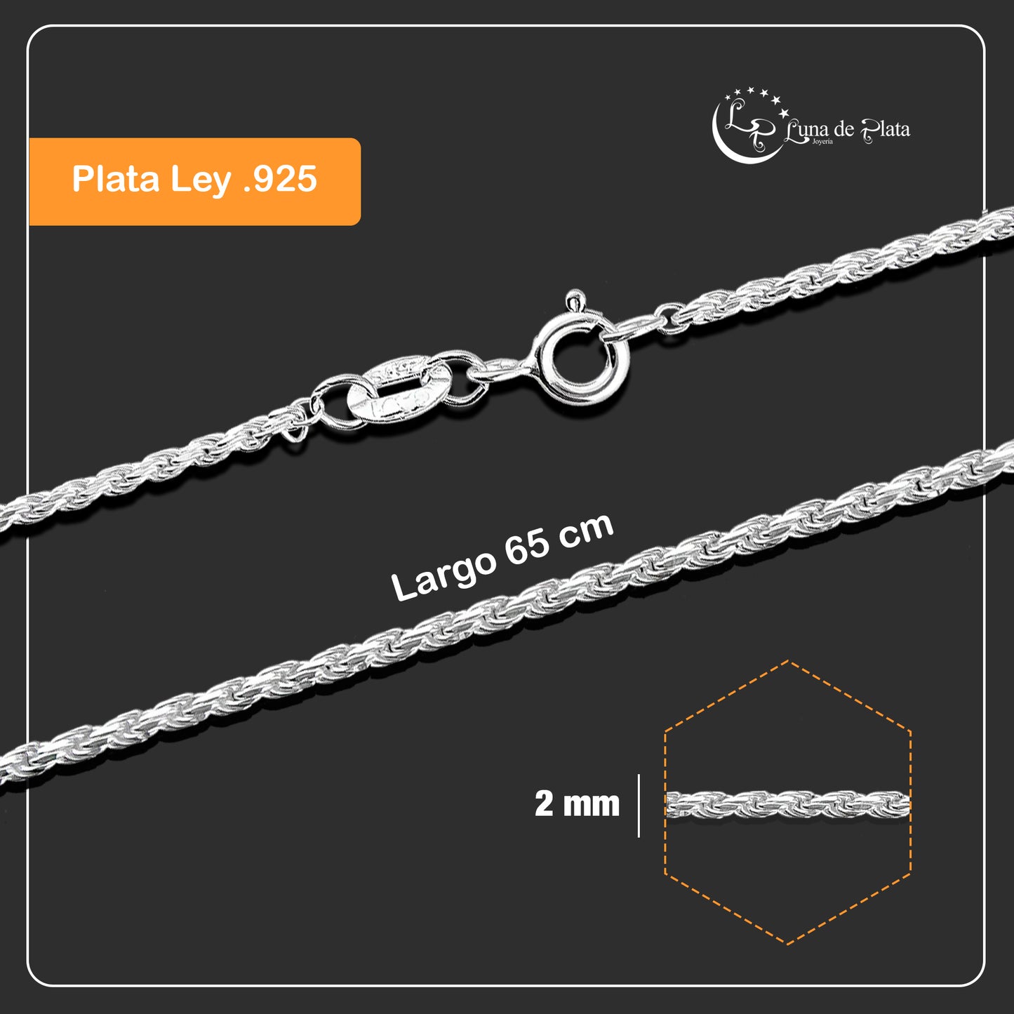 LPCU054-65 Cadena Torsal Diamantada 2 mm X 65 cm Plata .925 Taxco 3183143936