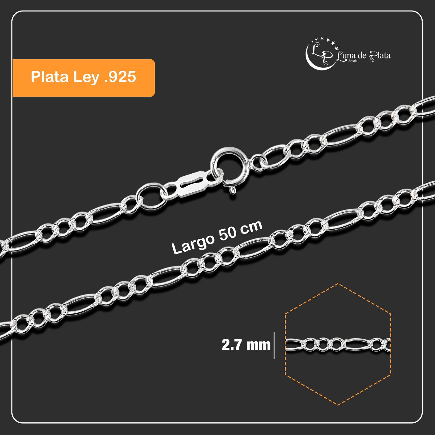 LPCU057-50 Cadena Fí­garo 3 Por 1 De 2.7 Mm X 50 Cm Plata .925 Taxco 2134165667