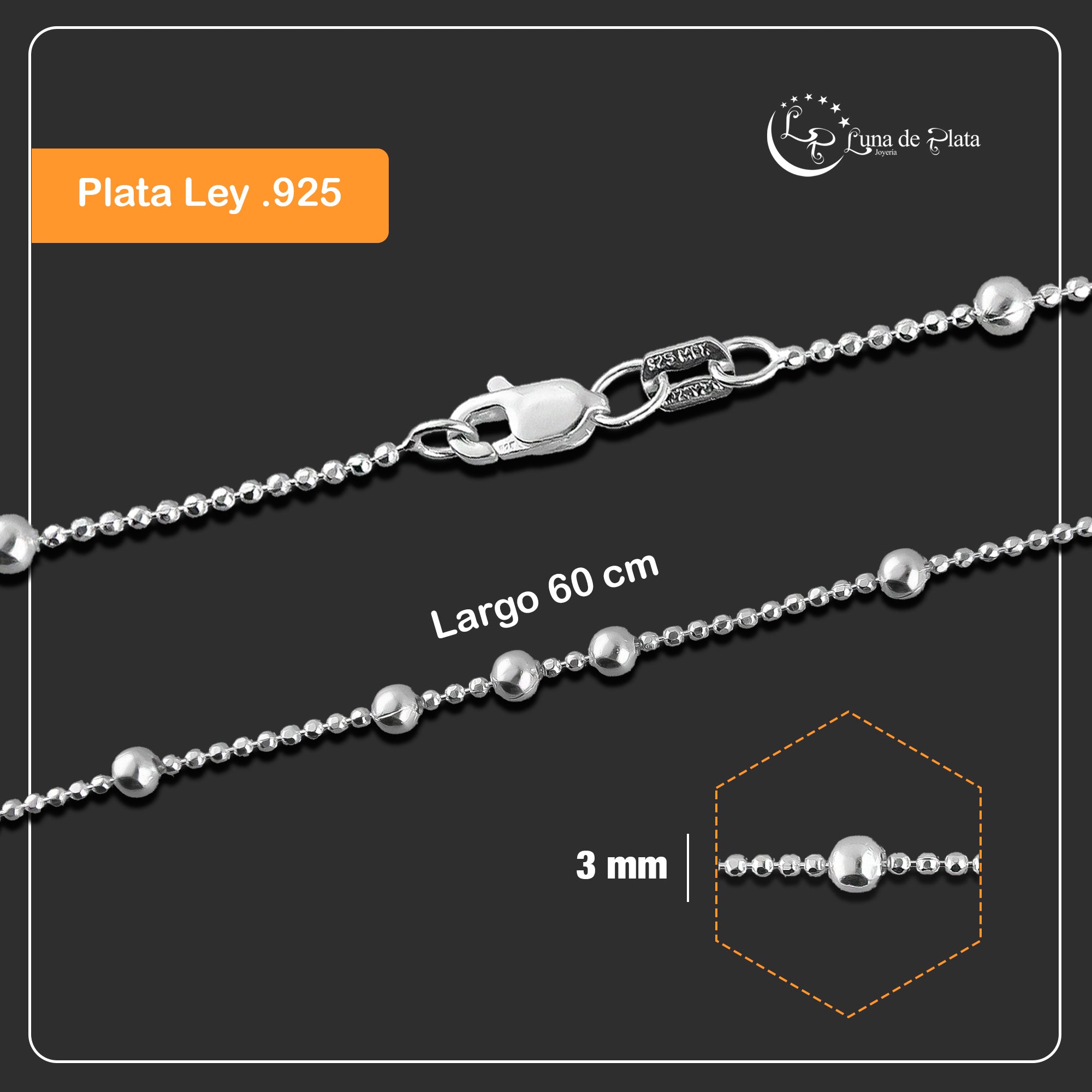 LPCU059-60 Cadena Viviana Bolitas 3x1 60 cm Plata .925 Taxco 3368527776