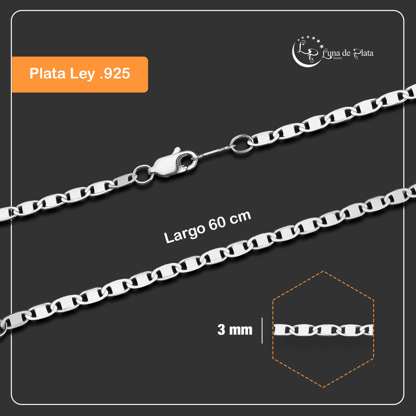 LPCU062-60 Cadena Valentino Espejo 3 mm x 60 cm cm Plata .925 Taxco 2224503567