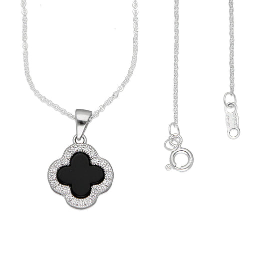 LPCU066 Gargantilla Cadena 1 Trébol Negro Orilla Zirconia 45 cm en Plata .925 Taxco