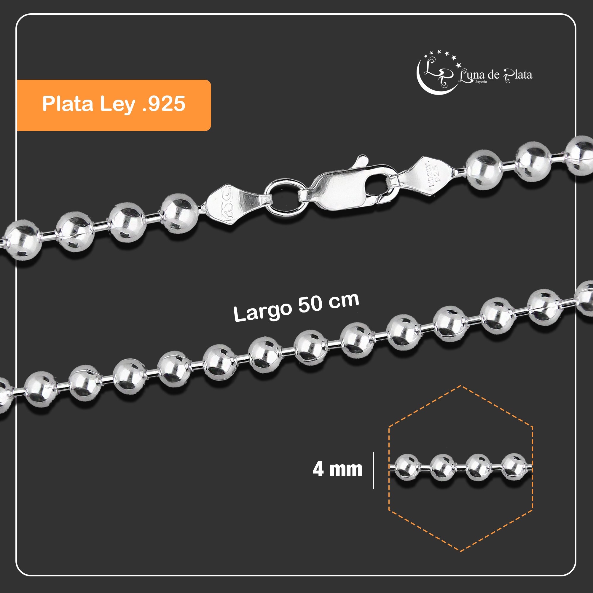 LPCU074-50 Cadena Bolitas Lisas 4 mm x 50 cm en Plata .925 MLM2834158133