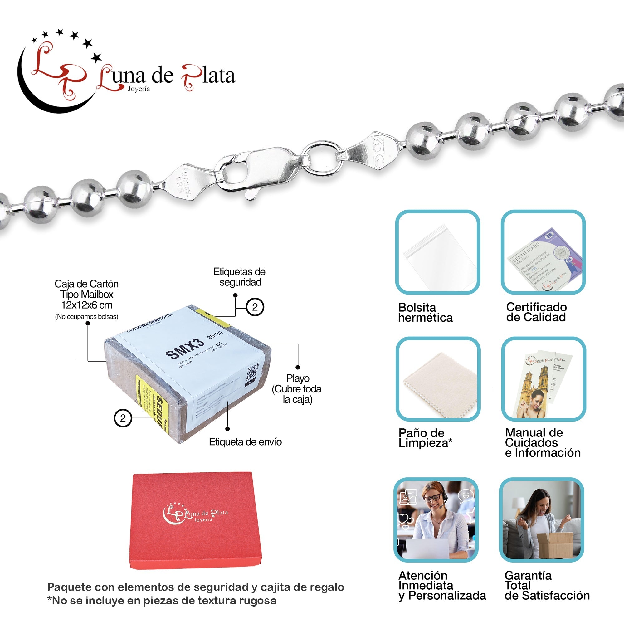 LPCU074-60 Cadena Bolitas Lisas 4 mm x 60 cm en Plata .925 MLM5107468536