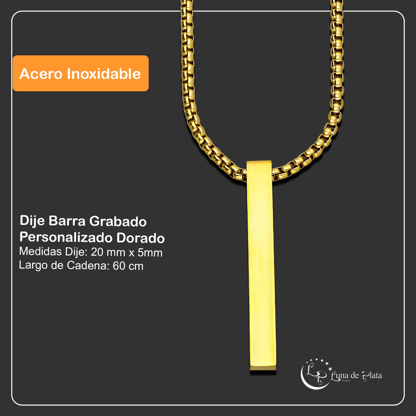 LPCUAC007 Dije Barra Grabado Personalizado Dorado Acero Inox Premium 3500442968