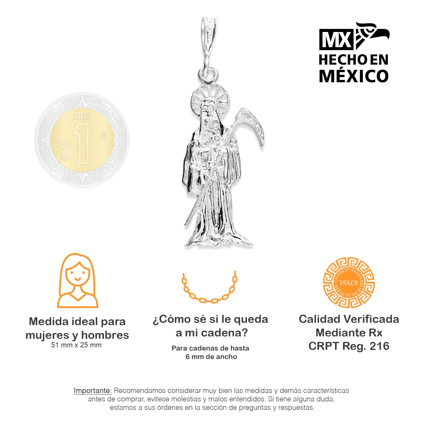 LPDJ030 Dije Santa Muerte Resplandor Plata .925 Con Zirconia Taxco MLM755753338