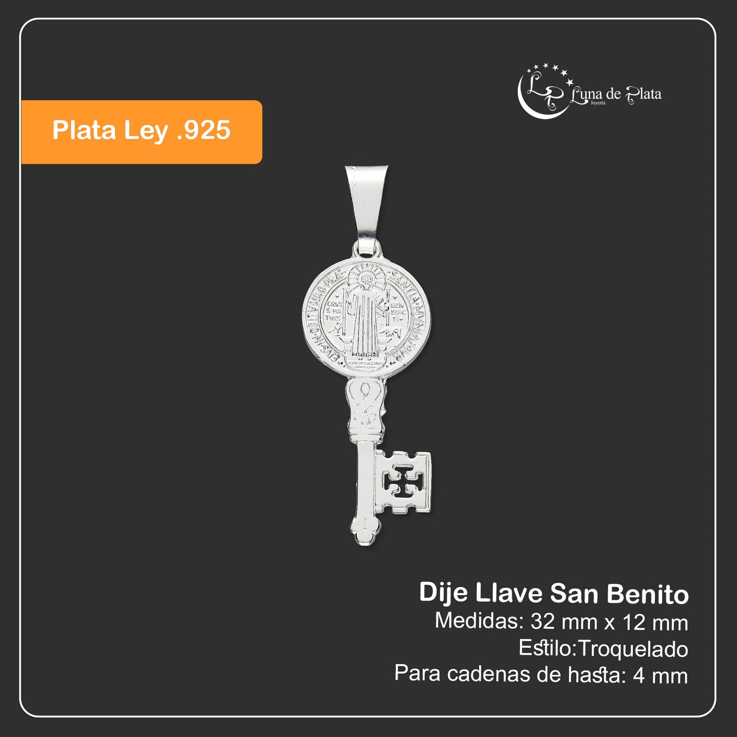 LPDJ102 Dije Llave San Benito 3.6 cm x 1.2 cm + Regalo Plata .925 Taxco Gro 1386422002