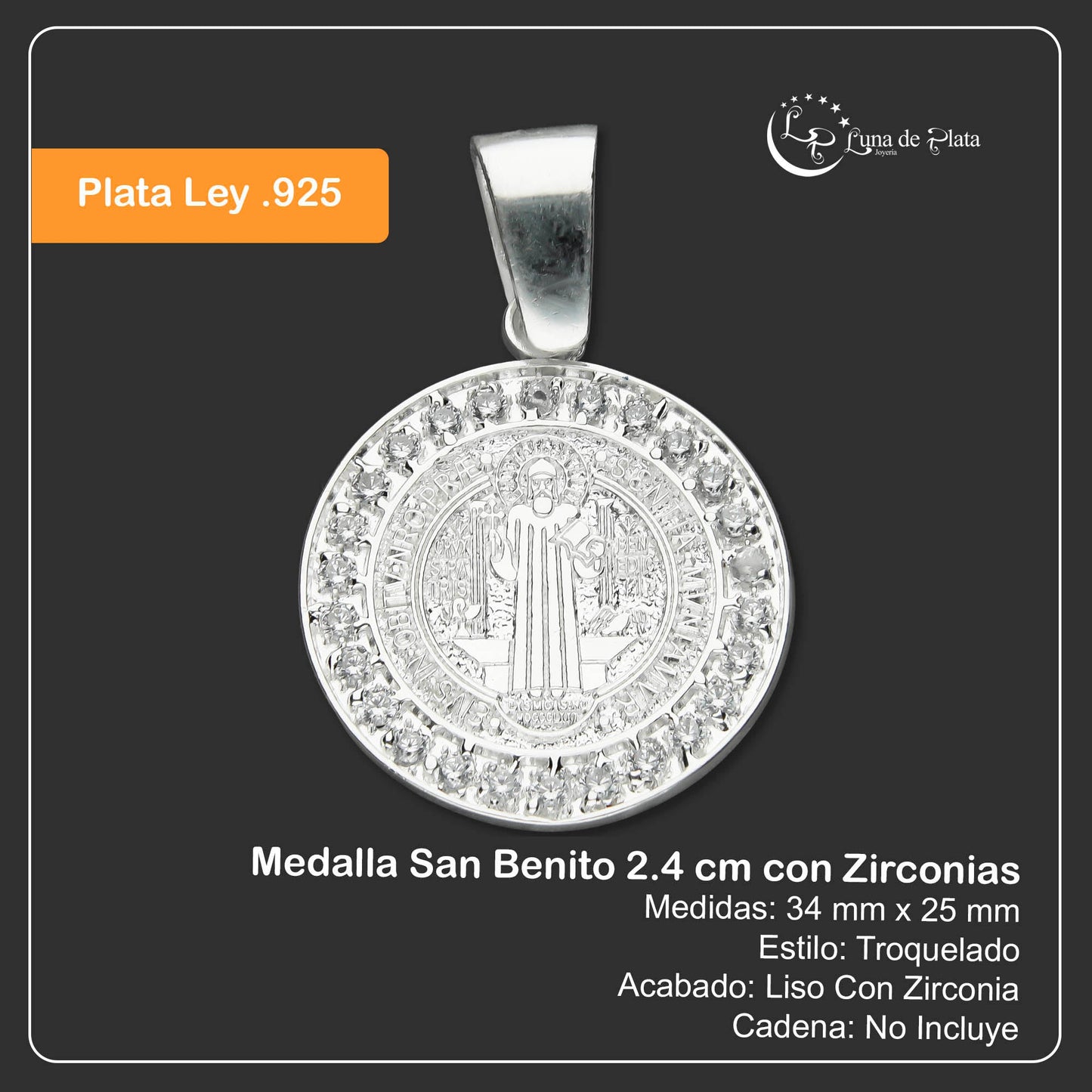 LPDJ199 Medalla San Benito 2.4 cm con Zirconias En Plata .925 2587792534