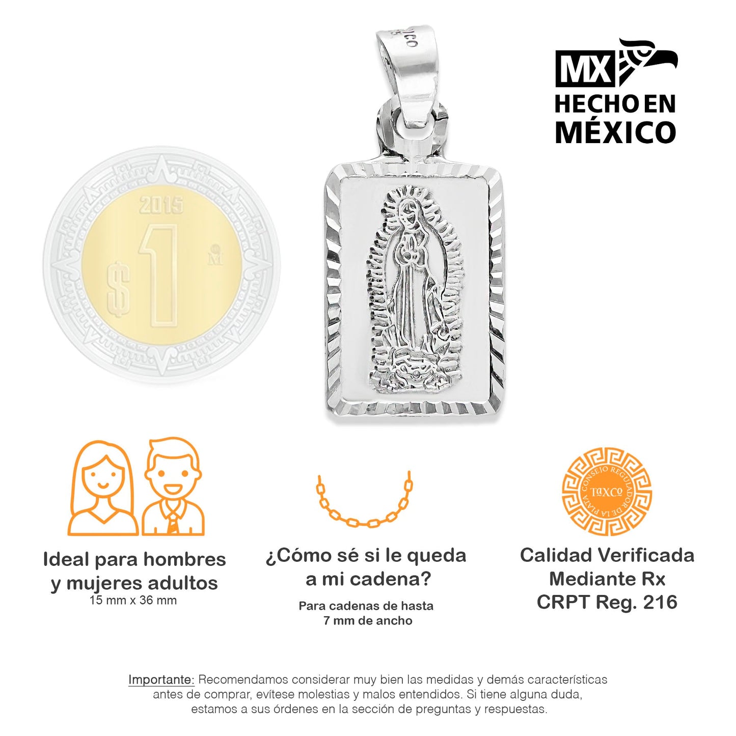 LPDJ219 Medalla Rectangular Virgen de Guadalupe Plata .925 Taxco Gro 2886377004