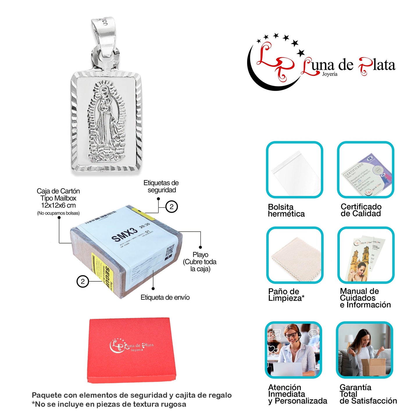 LPDJ219 Medalla Rectangular Virgen de Guadalupe Plata .925 Taxco Gro 2886377004