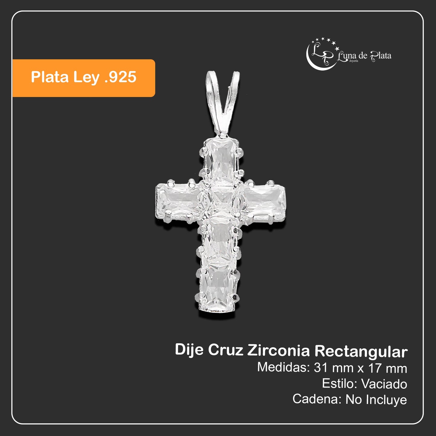 LPDJ223 Dije Cruz Zirconia Rectangular en Plata .925 Taxco Gro 2965139780