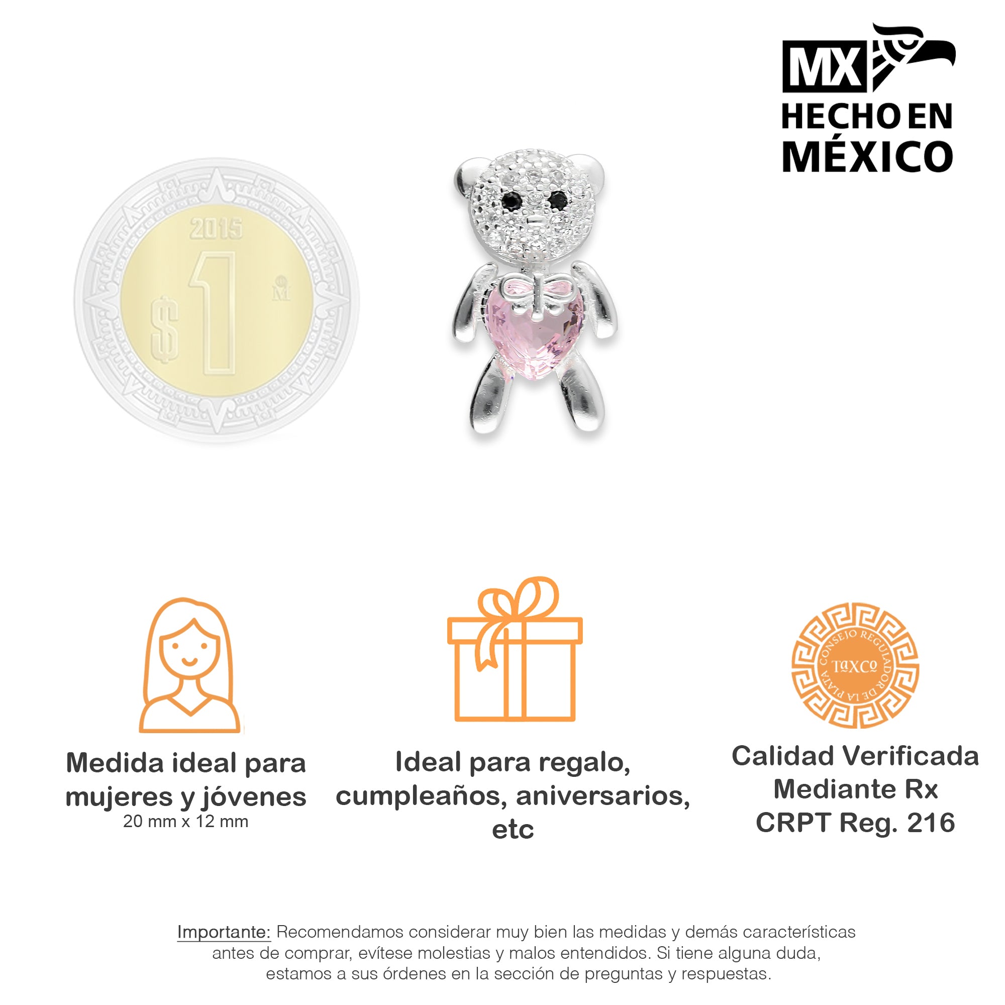 LPDJ244 Dije Oso Corazón Rosa con Zirconia en Plata .925 Taxco Gro 2089555391