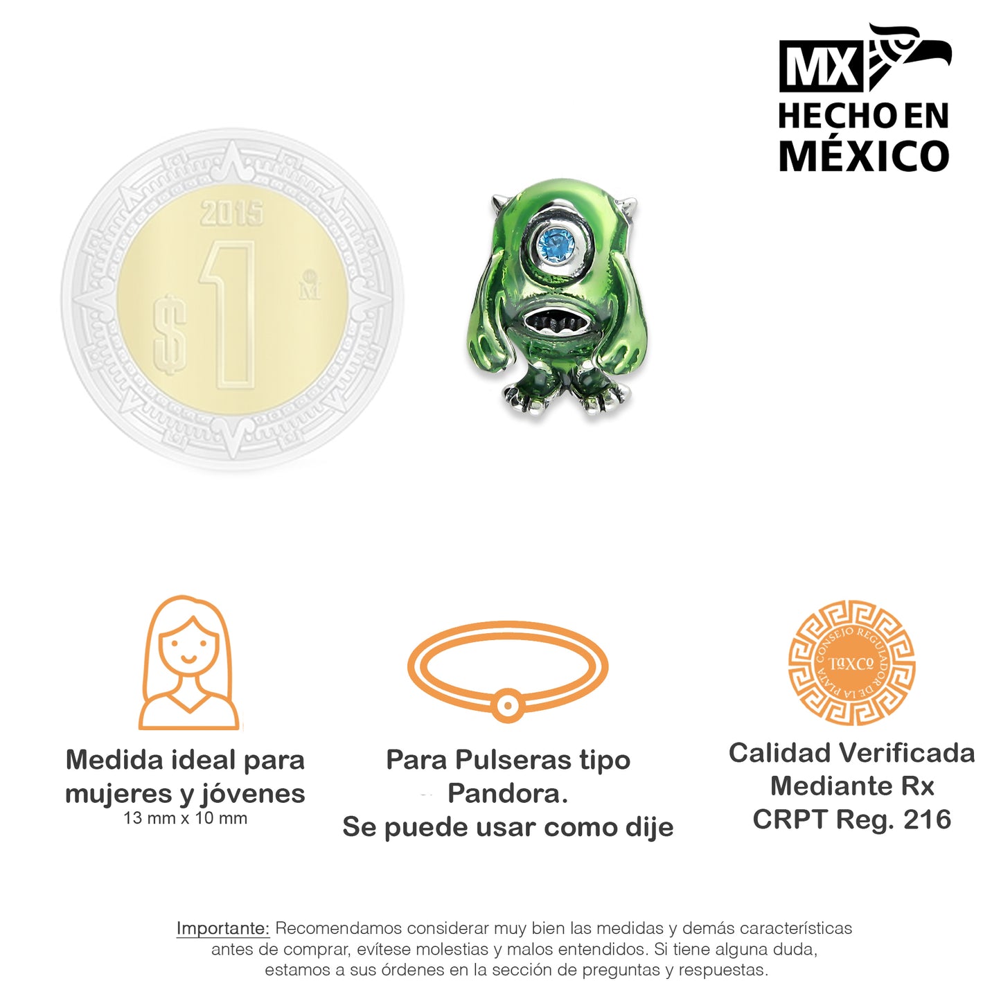 LPDJ255 Dije Charm Monsters Mike Zirconia en Plata .925 Taxco Gro