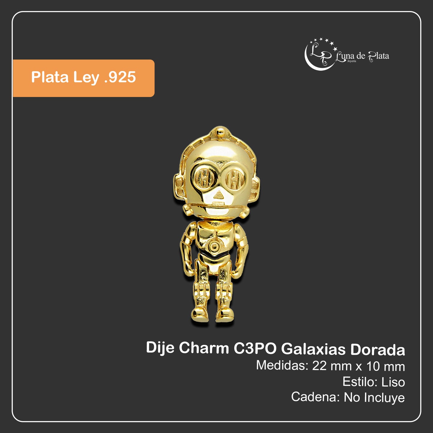 LPDJ265 Dije Charm C3PO Galaxias Dorada en Plata .925 Taxco Gro
