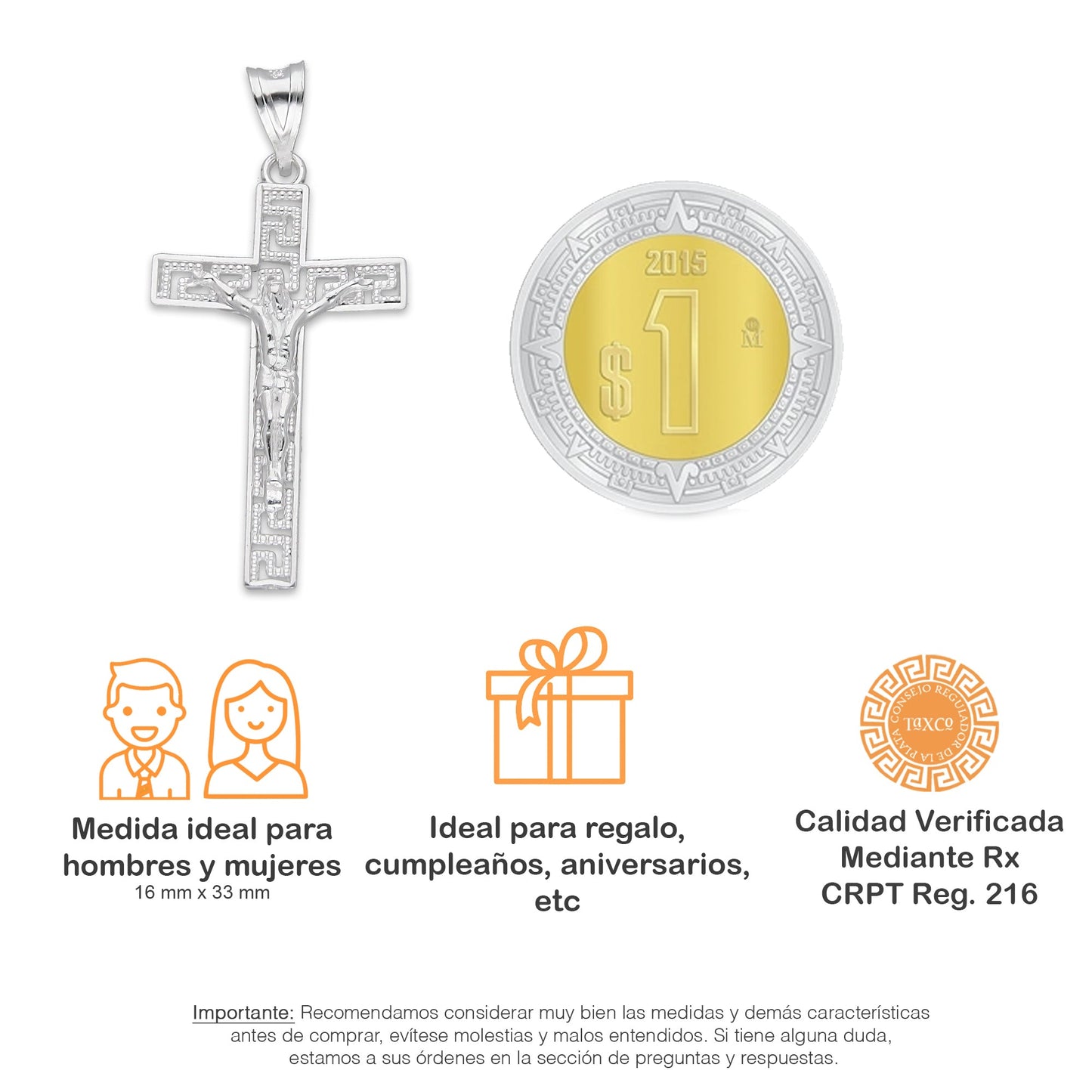 LPDJ292 Dije Crucifijo Grecas 1.6 cm x 3.3 cm en Plata .925 2689499403