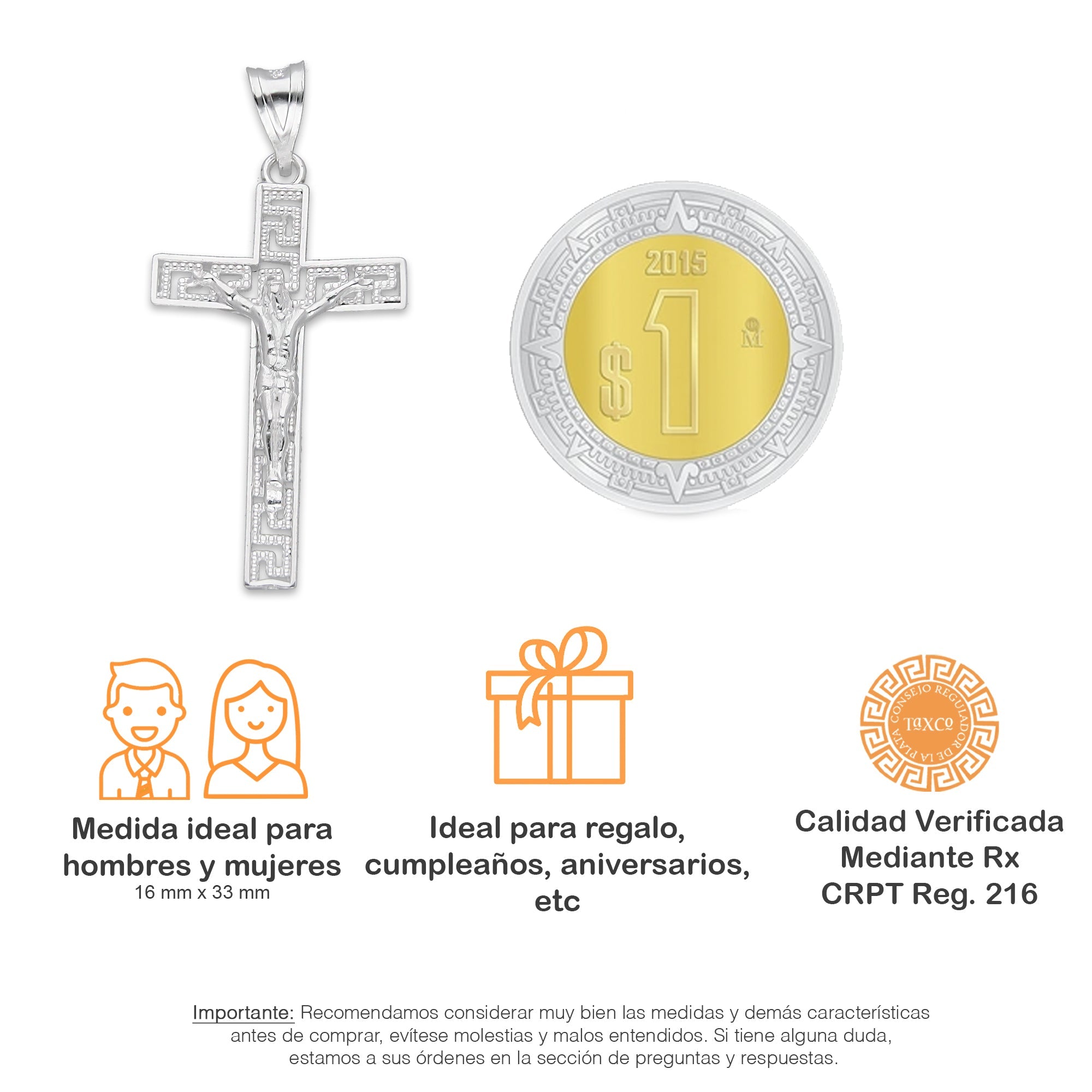 LPDJ292 Dije Crucifijo Grecas 1.6 cm x 3.3 cm en Plata .925 2689499403