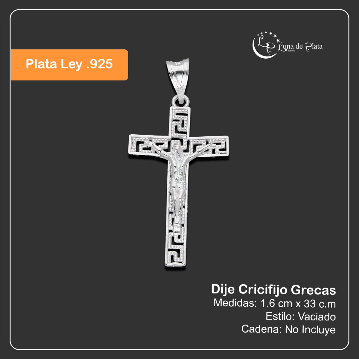 LPDJ292 Dije Crucifijo Grecas 1.6 cm x 3.3 cm en Plata .925 2689499403