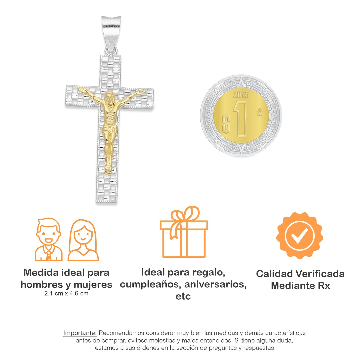 LPDJ298 Dije Crucifijo Cuadricula Cristo Dorado 2.1 cm x 4.6 cm en Plata .925 2689366947