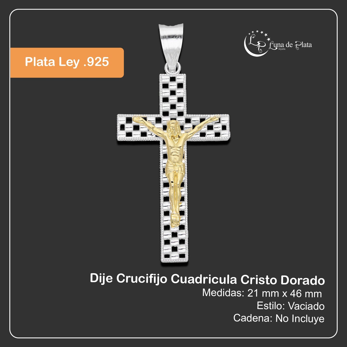 LPDJ298 Dije Crucifijo Cuadricula Cristo Dorado 2.1 cm x 4.6 cm en Plata .925 2689366947