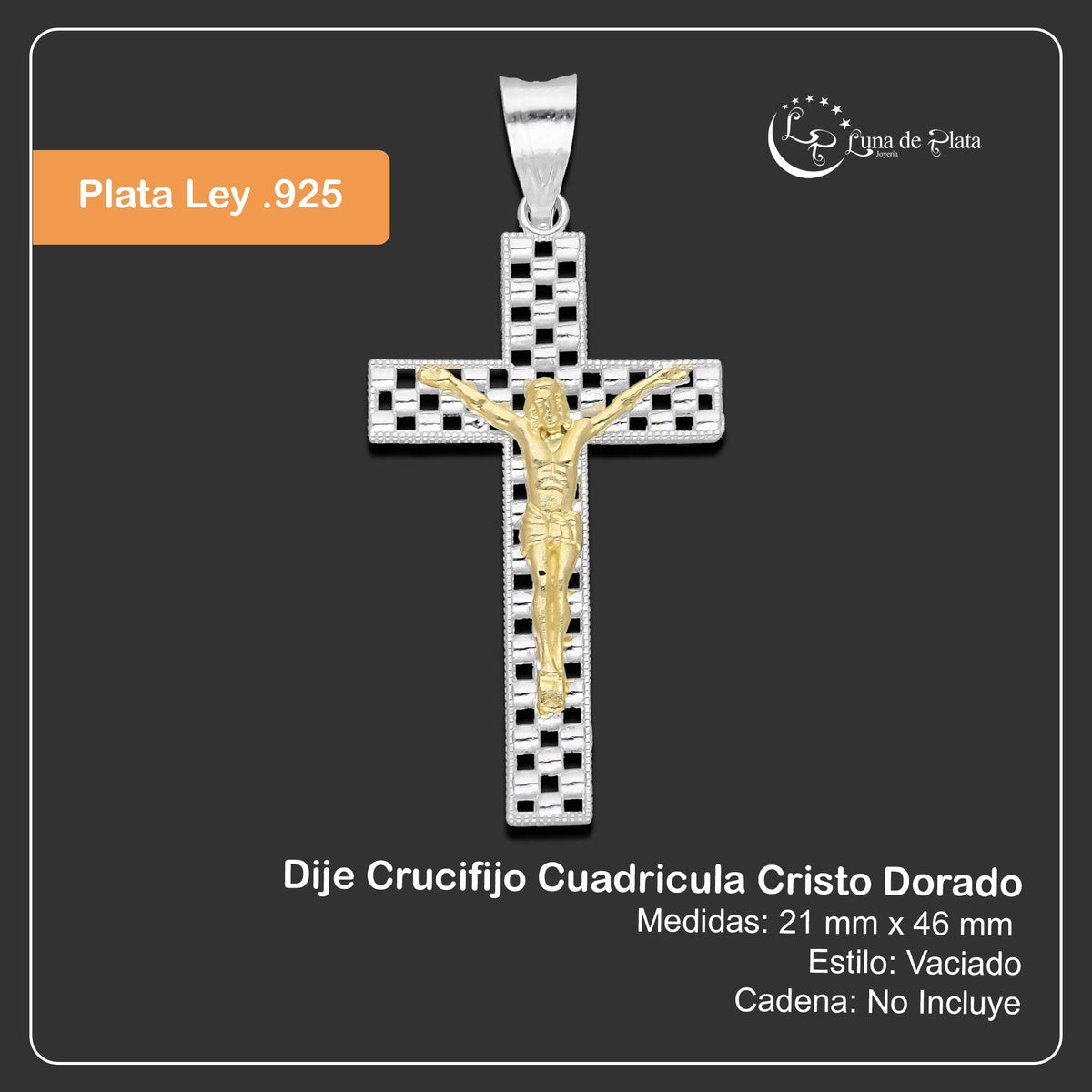 LPDJ298 Dije Crucifijo Cuadricula Cristo Dorado 2.1 cm x 4.6 cm en Plata .925 2689366947