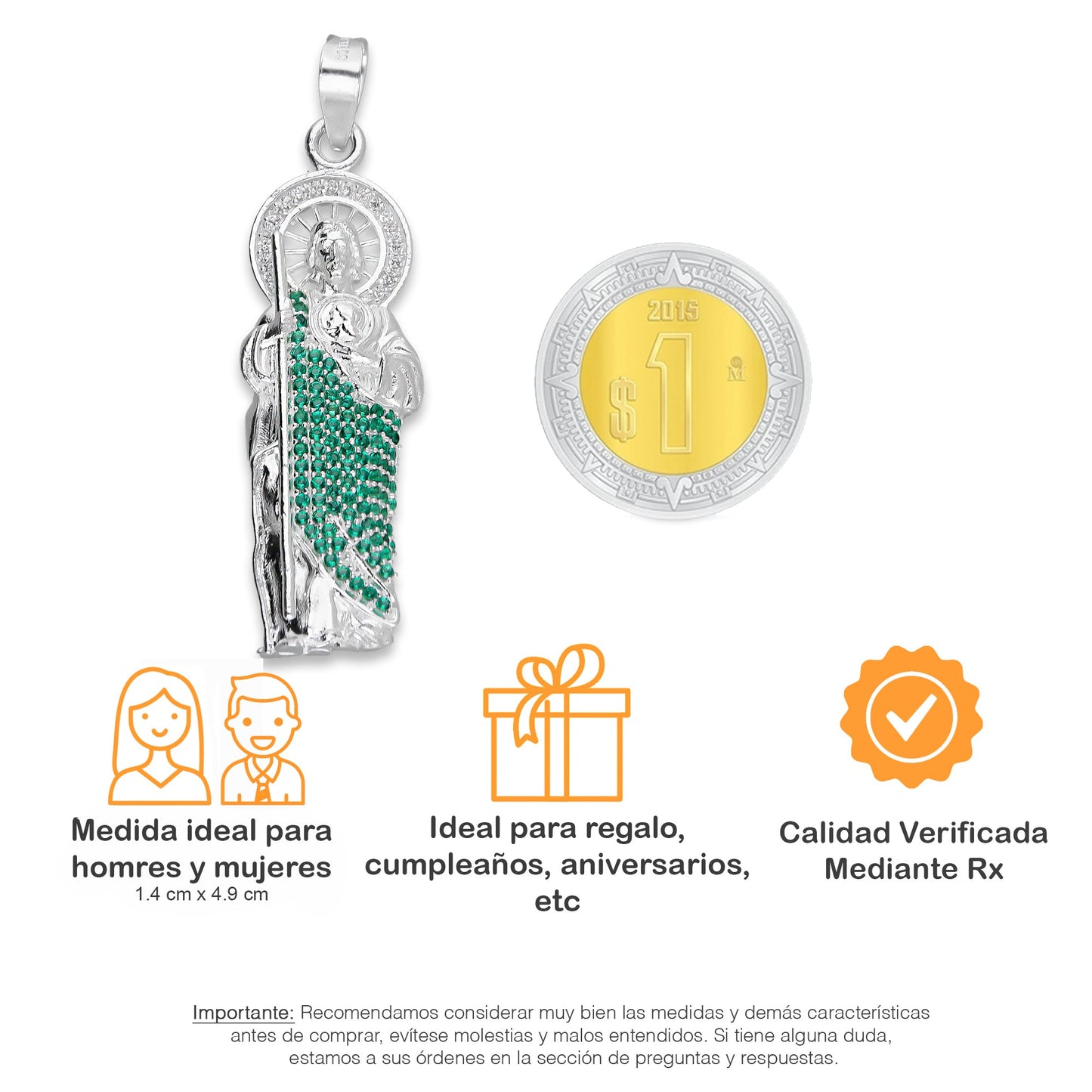 LPDJ302 Dije San Judas Manto Verde 1.4 cm x 4.9 cm en Plata .925 5204971556