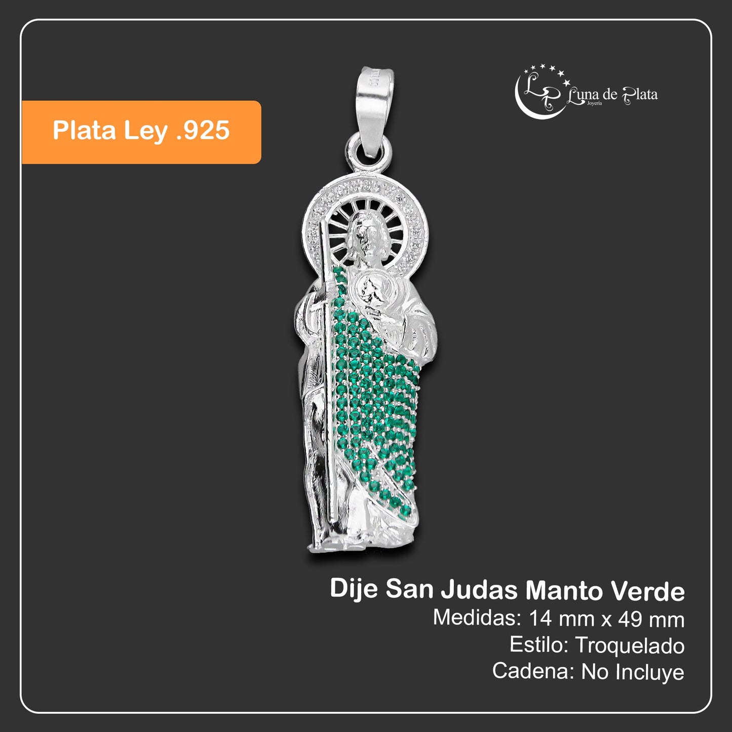 LPDJ302 Dije San Judas Manto Verde 1.4 cm x 4.9 cm en Plata .925 5204971556