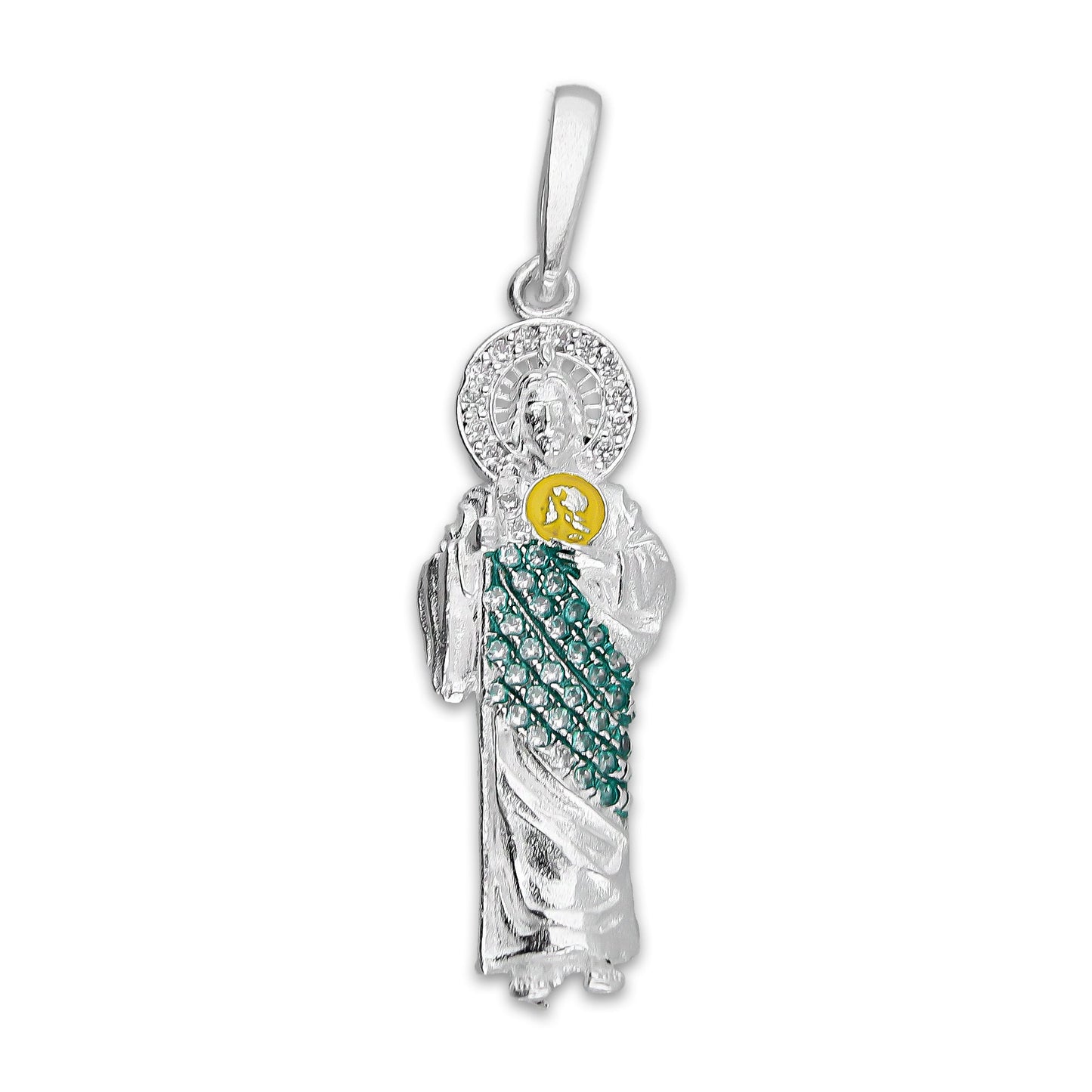 LPDJ303 Dije San Judas Manto Verde Medallón Amarillo 1.1 cm x 3.8 cm en Plata .925 5204963958