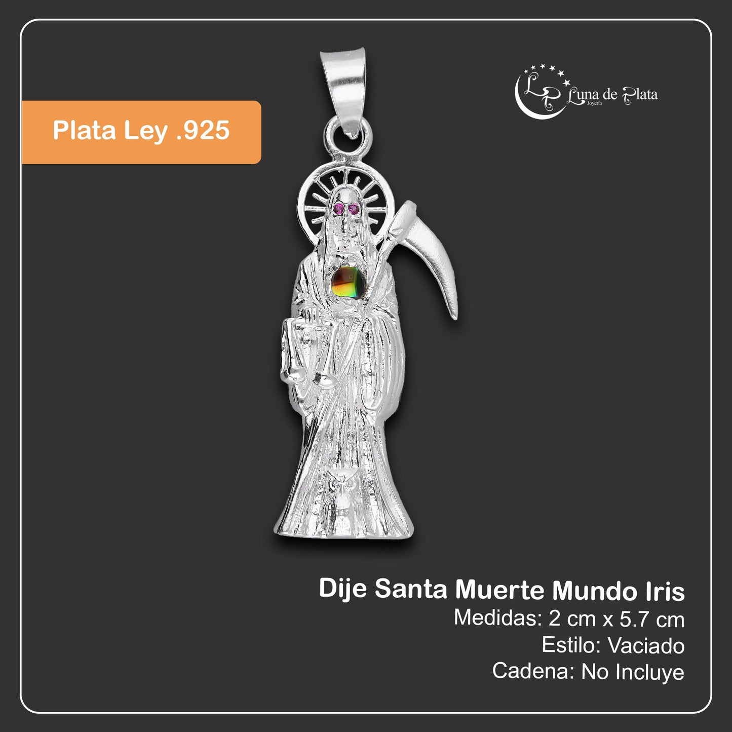 LPDJ306 Dije Santa Muerte Mundo Iris 2 cm x 5.7 cm en Plata .925 5204971558