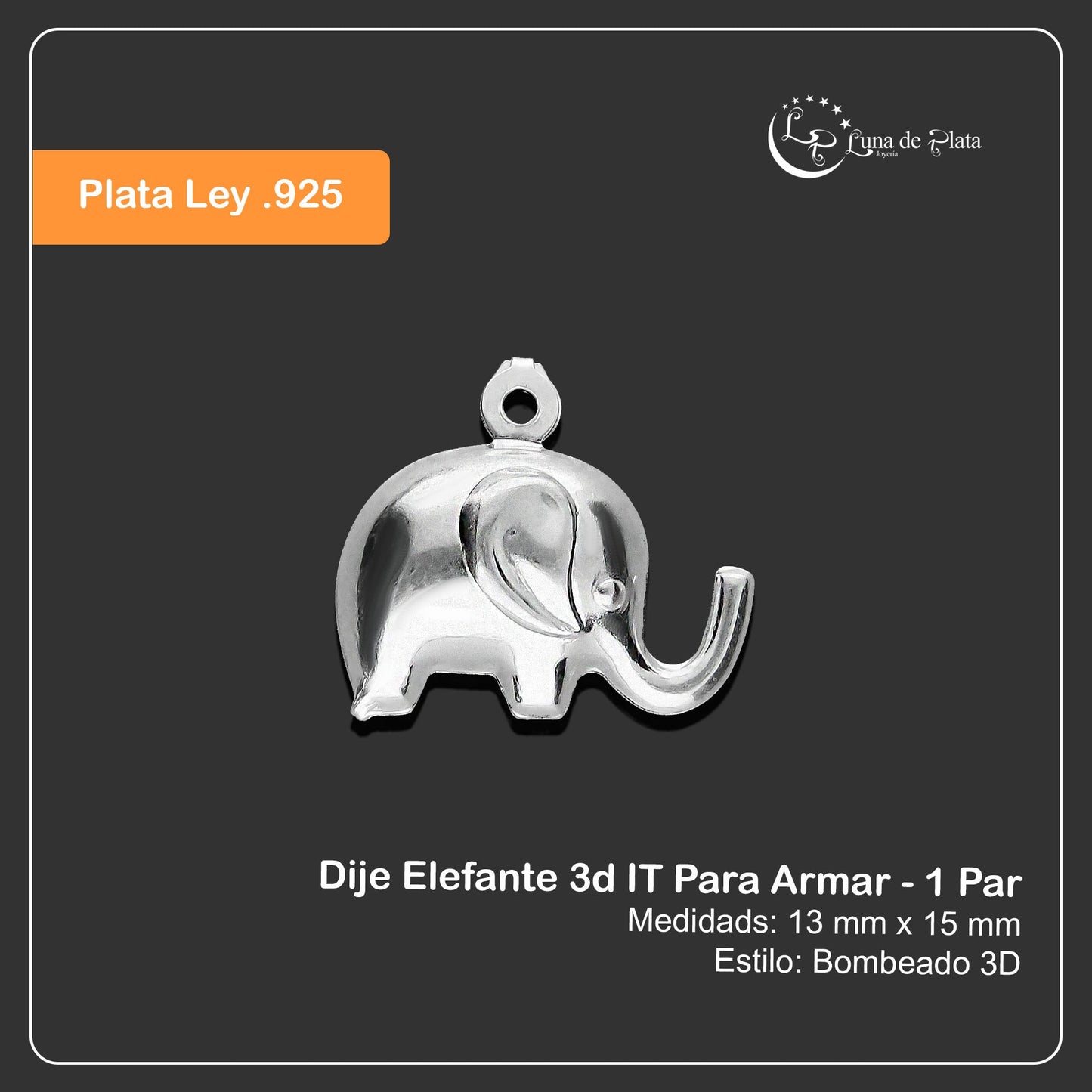 LPDJA002 Dije Elefante 3d IT Para Armar - 1 Par en Plata .925 2023123337