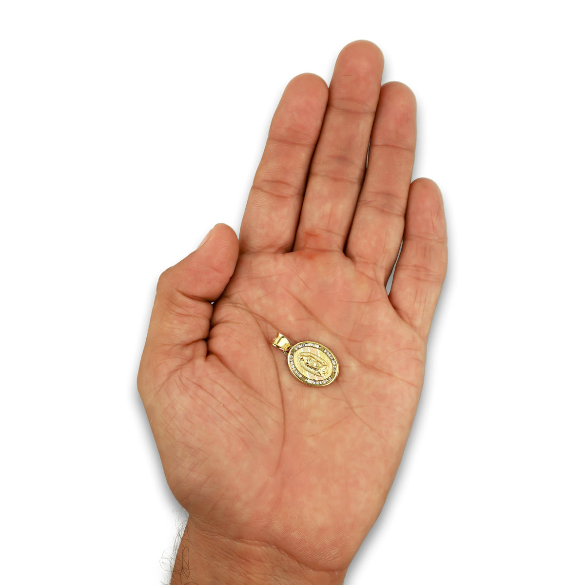 LPDJAU003 Dije Medalla Oro Sólido 10K Virgen Oval con Zirconias Abultado Florentino 1.4 cm x 2.4 cm