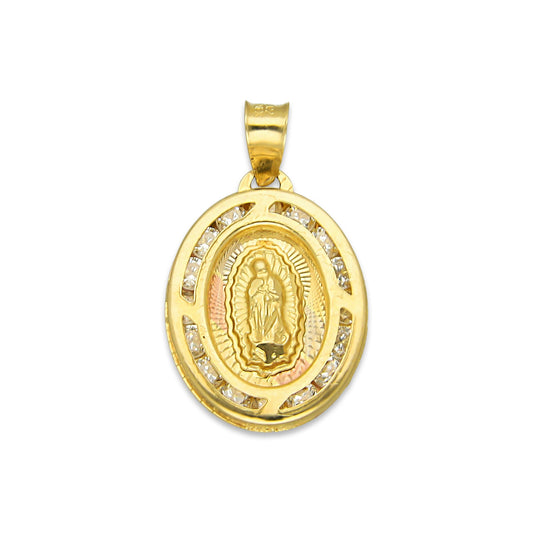 LPDJAU004 Dije Medalla Oro Sólido 10K Virgen Oval con Zirconias Radial Florentino 1.2 cm x 2.1 cm