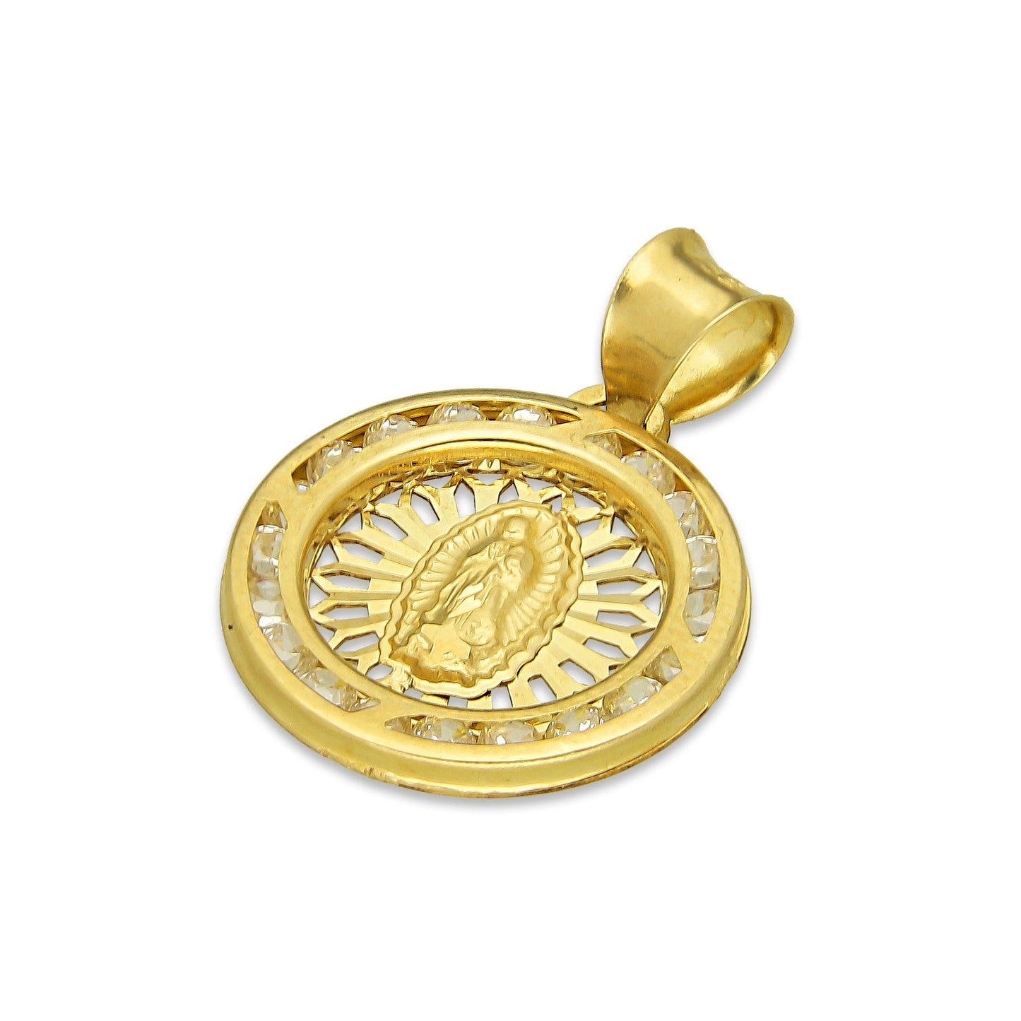 LPDJAU005 Dije Medalla Oro Sólido 10K Virgen Redonda con Zirconias Radial Calado Amarillo 1.6 cm x 2.2 cm