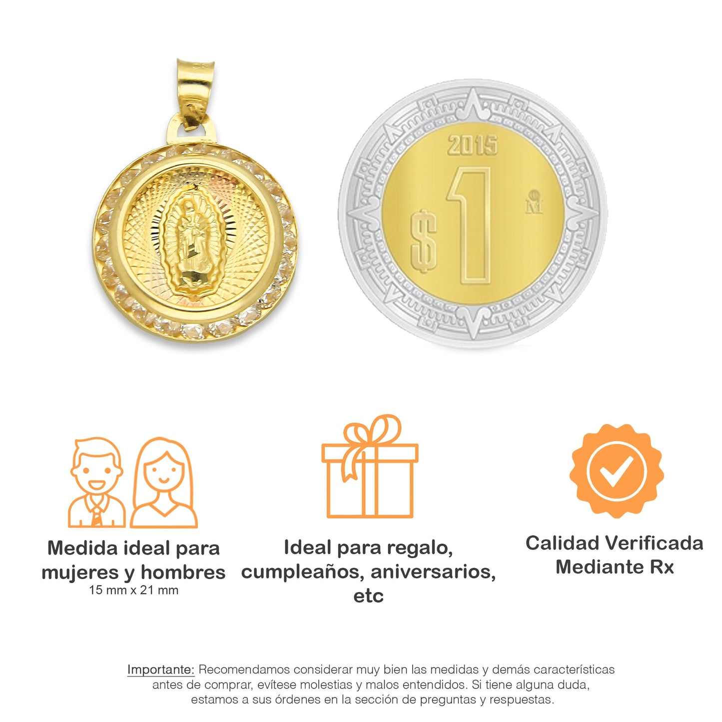 LPDJAU007 Dije Medalla Oro Sólido 10K Virgen Redonda con Zirconias Radial Florentino 1.5 cm x 2.1 cm
