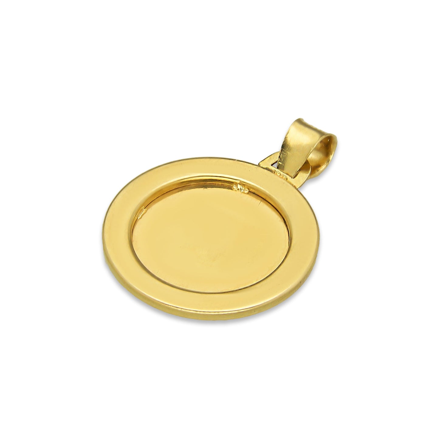 LPDJAU007 Dije Medalla Oro Sólido 10K Virgen Redonda con Zirconias Radial Florentino 1.5 cm x 2.1 cm