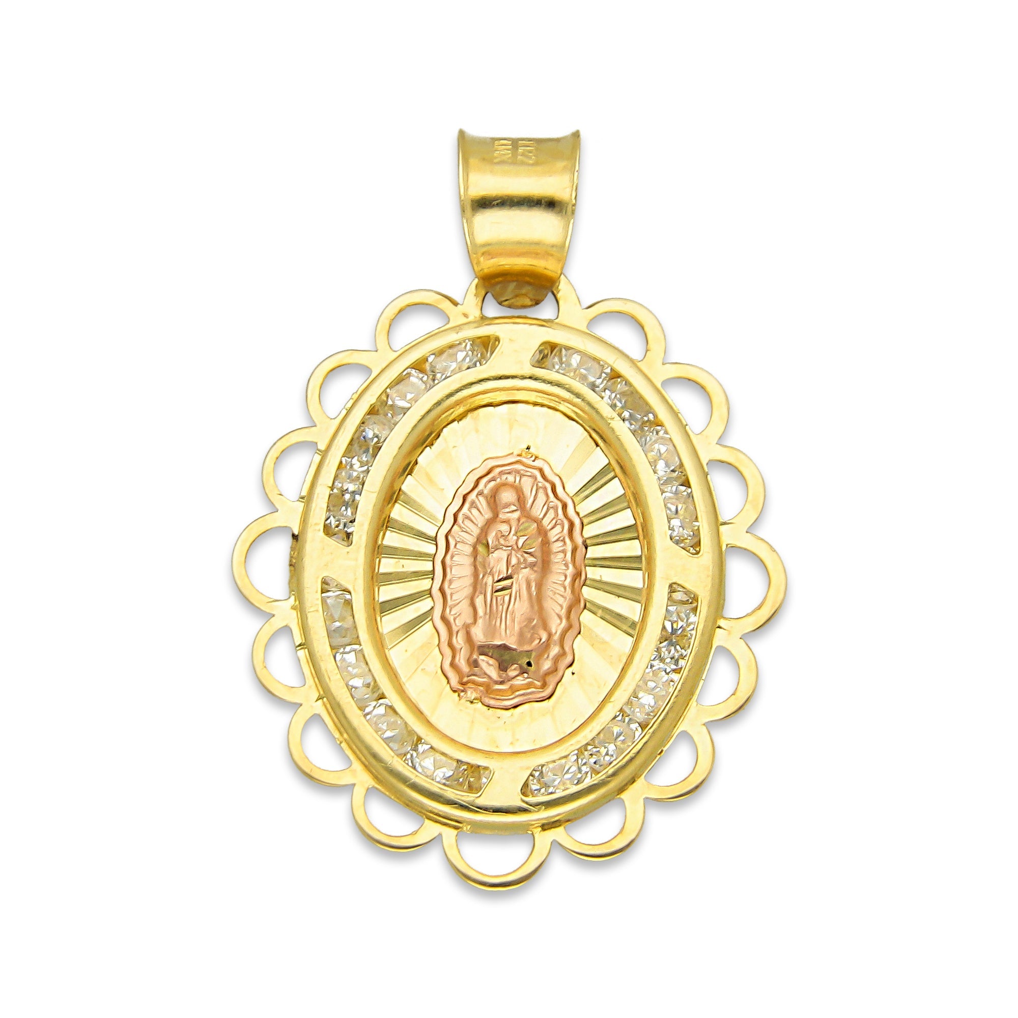 LPDJAU008 Dije Medalla Oro Sólido 10K Virgen Oval con Zirconias Olan Cobriso 1.8 cm x 2.6 cm