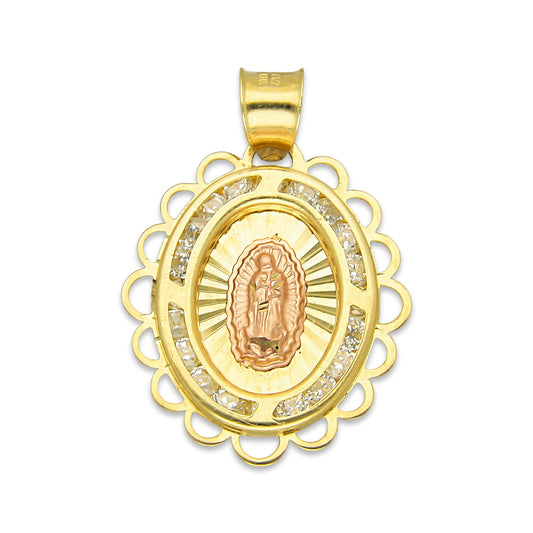 LPDJAU008 Dije Medalla Oro Sólido 10K Virgen Oval con Zirconias Olan Cobriso 1.8 cm x 2.6 cm