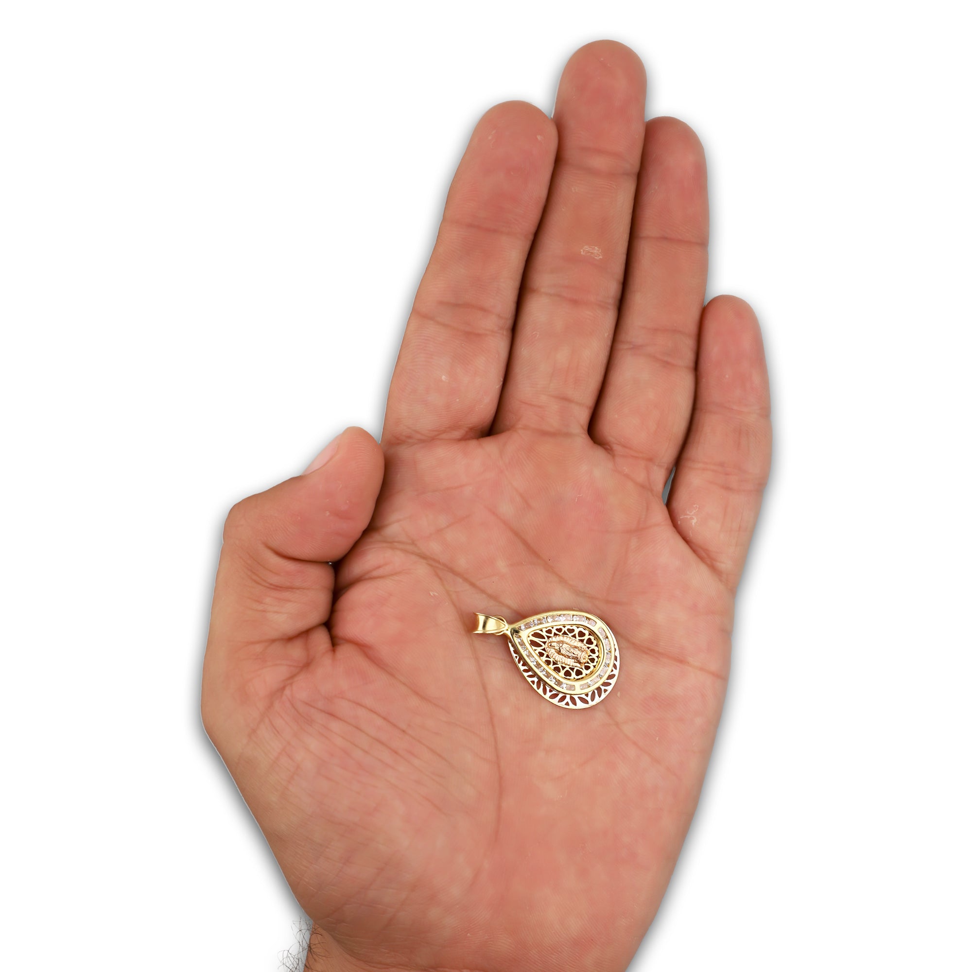 LPDJAU013 Dije Medalla Oro Sólido 10K Gota Virgen Excéntrica Calada con Zirconias 1.7 cm x 3 cm 5277479976