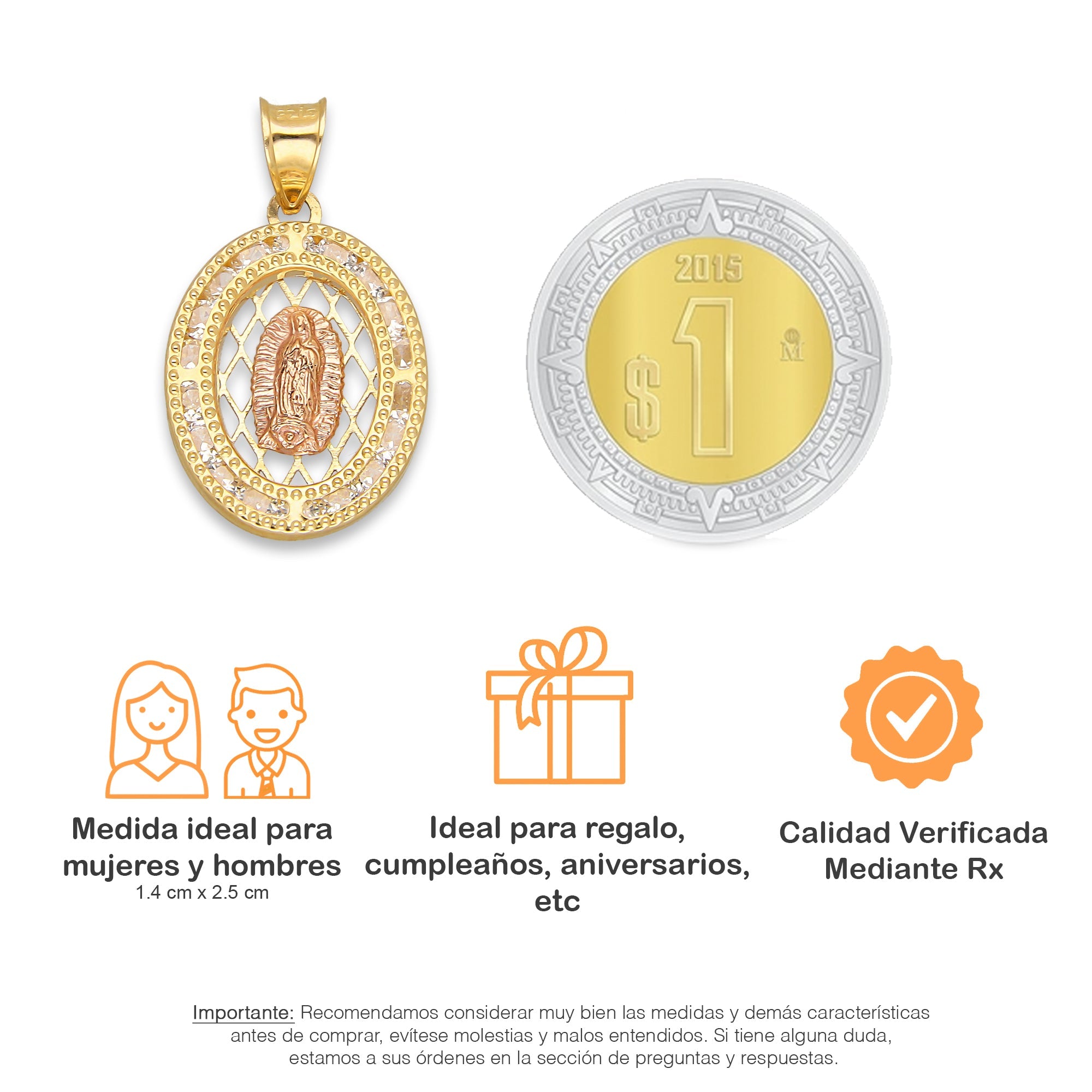 LPDJAU014 Dije Medalla Oro Sólido 10K Malla Virgen Rosa con Zirconias 1.4 cm x 2.5 cm 5277273986