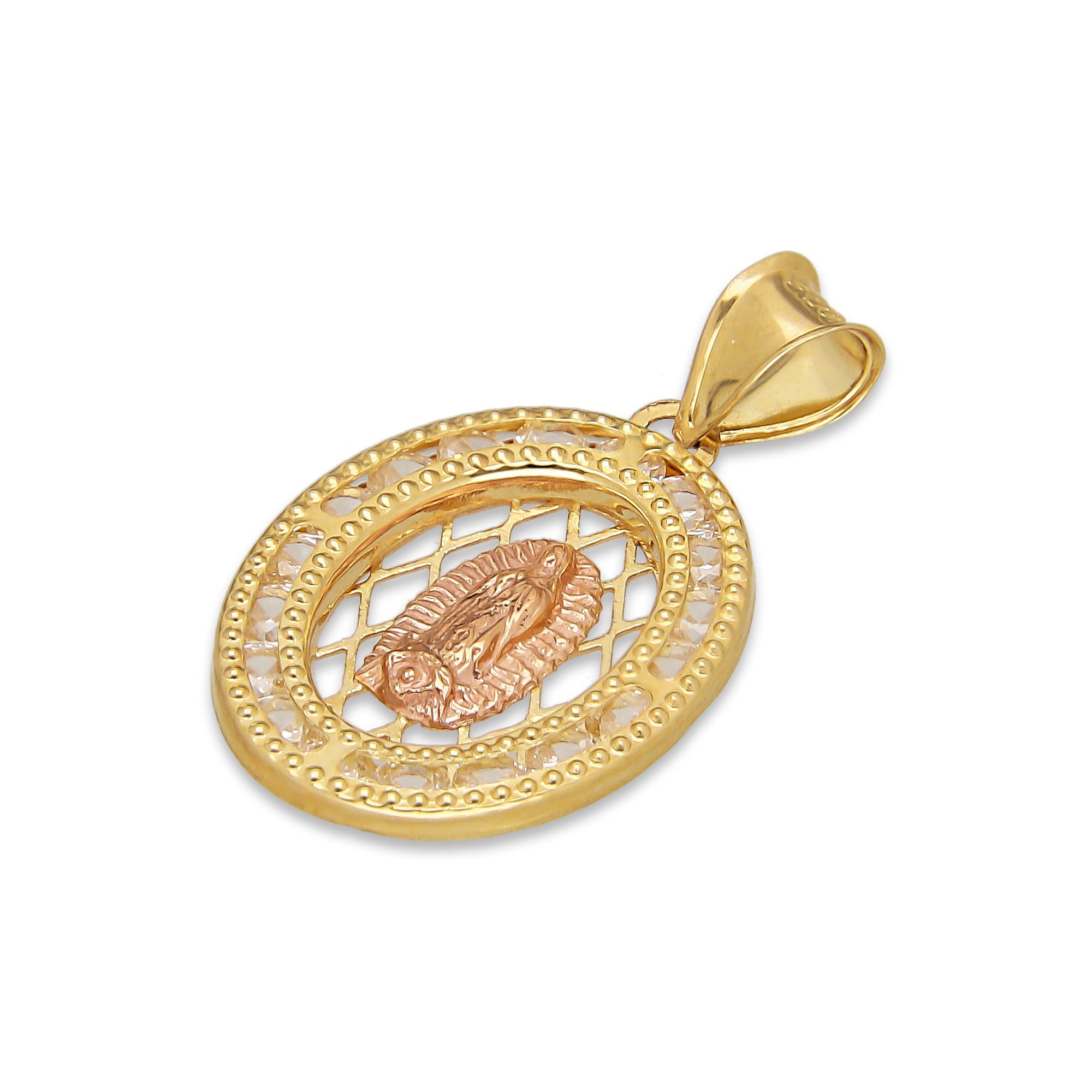 LPDJAU014 Dije Medalla Oro Sólido 10K Malla Virgen Rosa con Zirconias 1.4 cm x 2.5 cm 5277273986