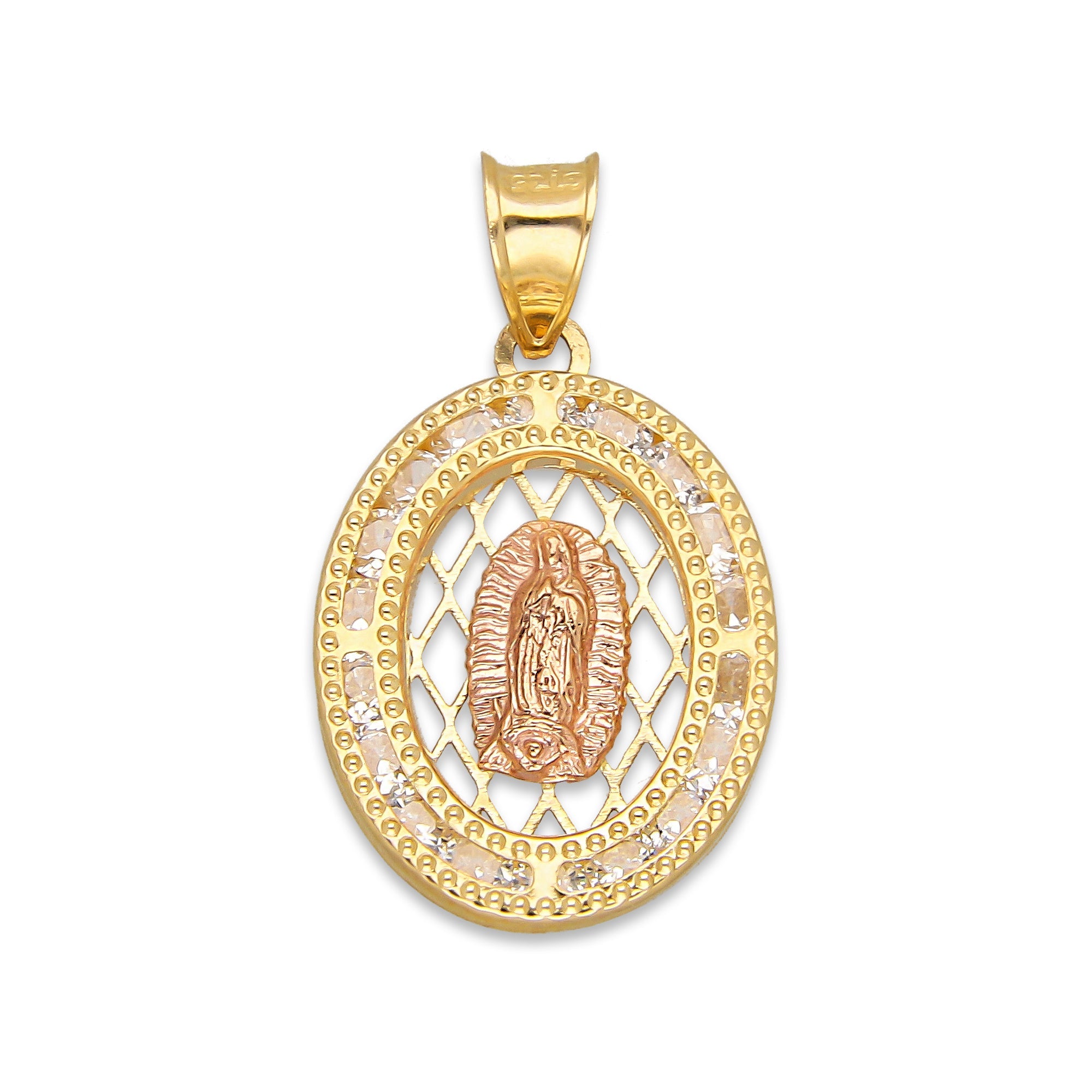 LPDJAU014 Dije Medalla Oro Sólido 10K Malla Virgen Rosa con Zirconias 1.4 cm x 2.5 cm 5277273986