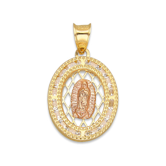 LPDJAU014 Dije Medalla Oro Sólido 10K Malla Virgen Rosa con Zirconias 1.4 cm x 2.5 cm 5277273986