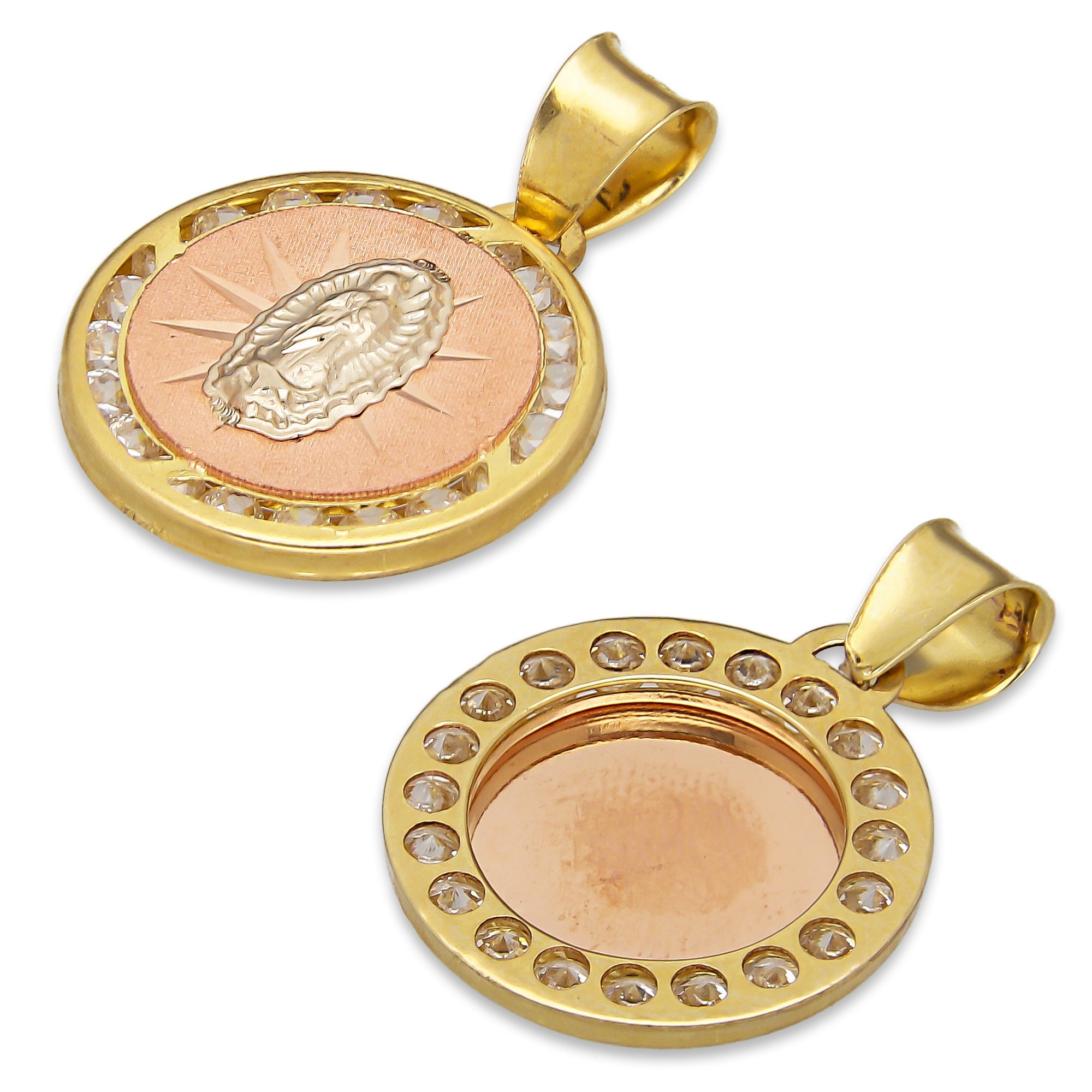 LPDJAU016 Dije Medalla Oro Sólido 10K Virgen Fondo Rosa con Zirconias 1.6 cm x 2.3 cm 5277311948