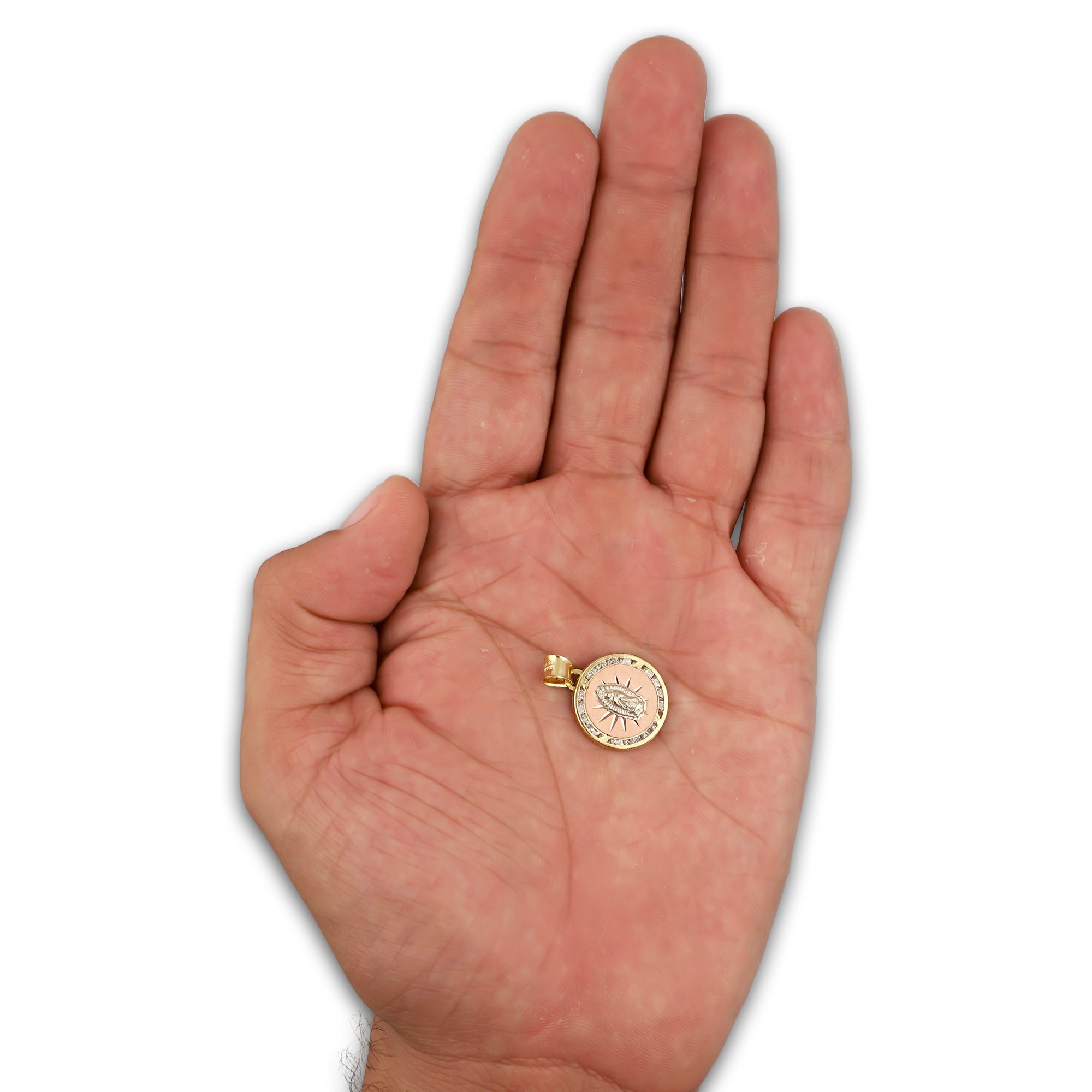 LPDJAU016 Dije Medalla Oro Sólido 10K Virgen Fondo Rosa con Zirconias 1.6 cm x 2.3 cm 5277311948