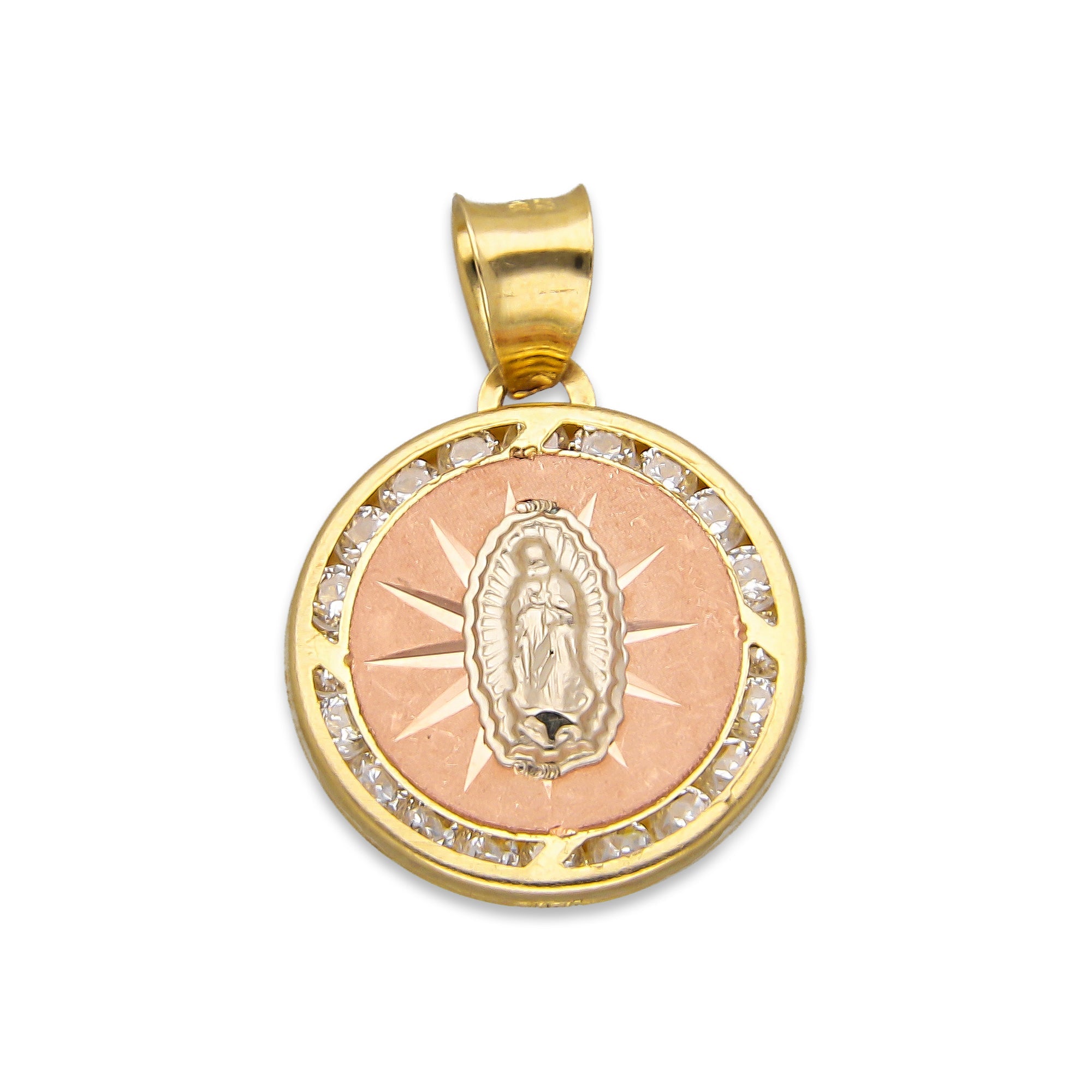 LPDJAU016 Dije Medalla Oro Sólido 10K Virgen Fondo Rosa con Zirconias 1.6 cm x 2.3 cm 5277311948